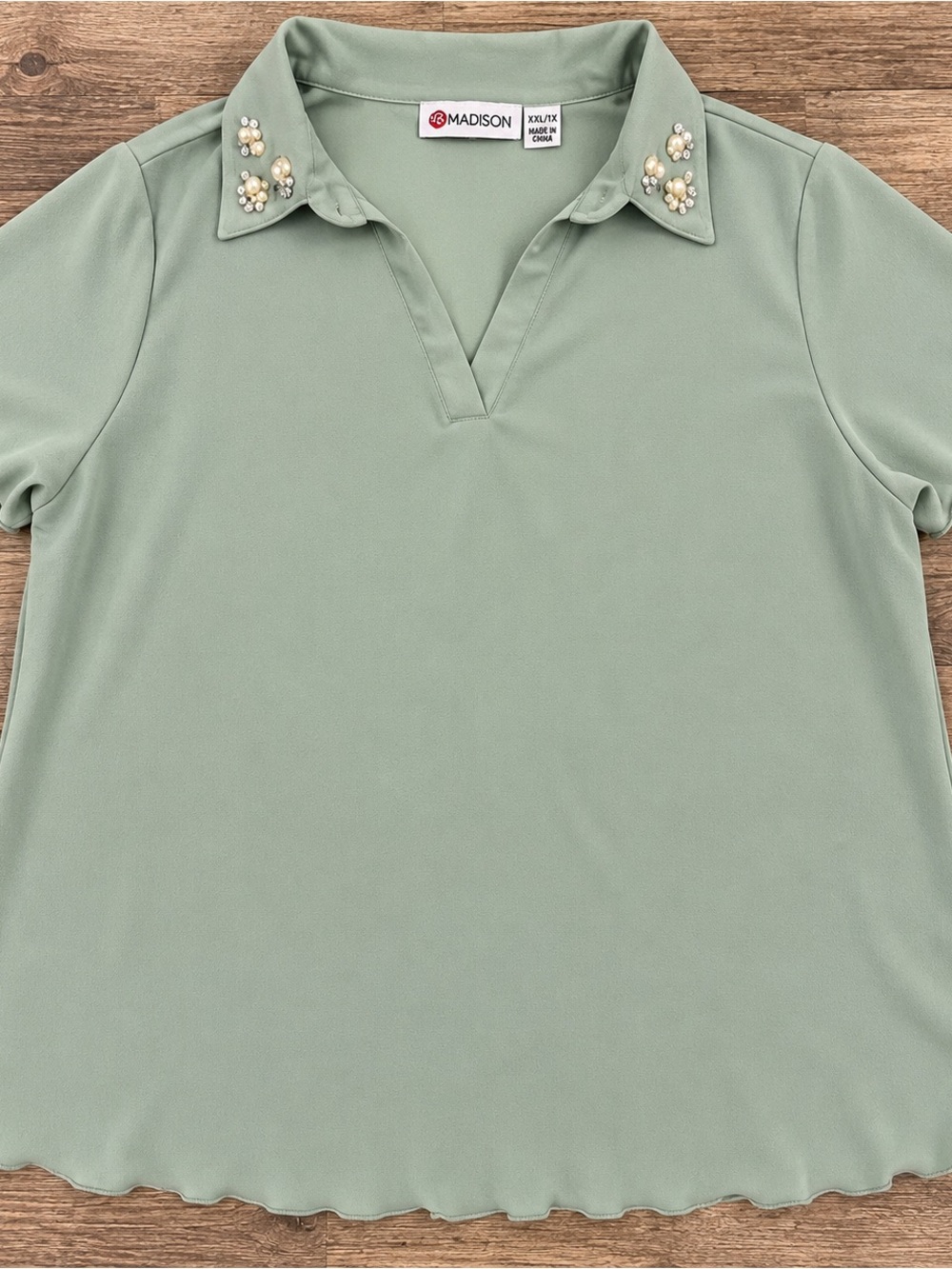Madison Sage Green Short-Sleeve V-Neck Top with Pearl-Embellished Collar